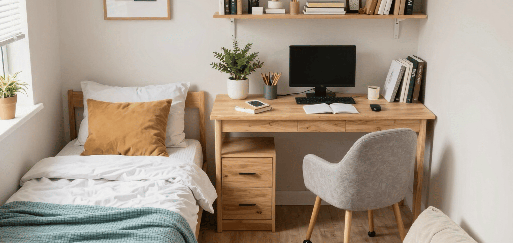 Small modern teen bedroom with a wooden desk, computer, single bed, and minimalist wall decor.
