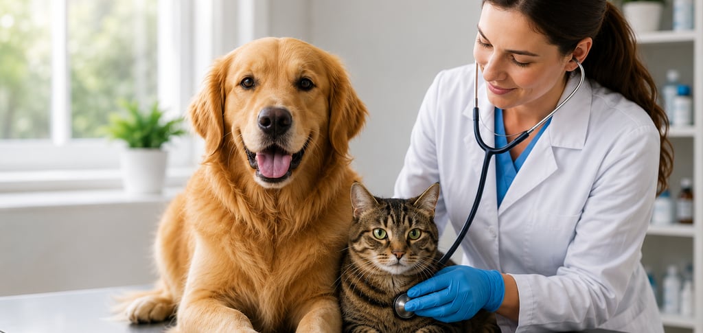 A professional veterinarian examining a healthy golden retriever and a tabby cat during a routine we