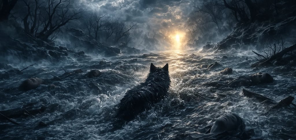 a dog is sitting in the middle of a dark, stormy night