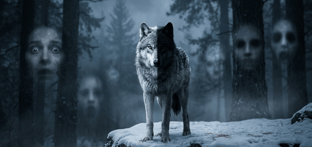 A grey wolf stands on a snowy rock in a dark forest surrounded by ghostly faces in the trees.