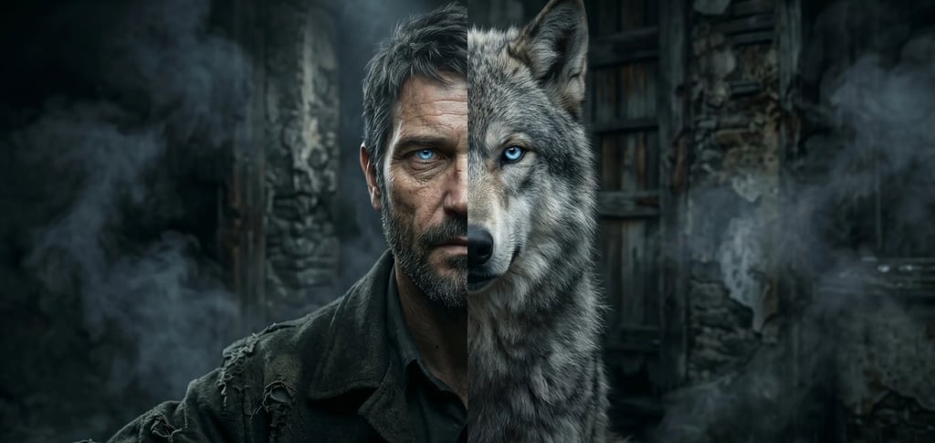 Split portrait of a rugged man and a grey wolf with glowing blue eyes in a dark, smoky setting.