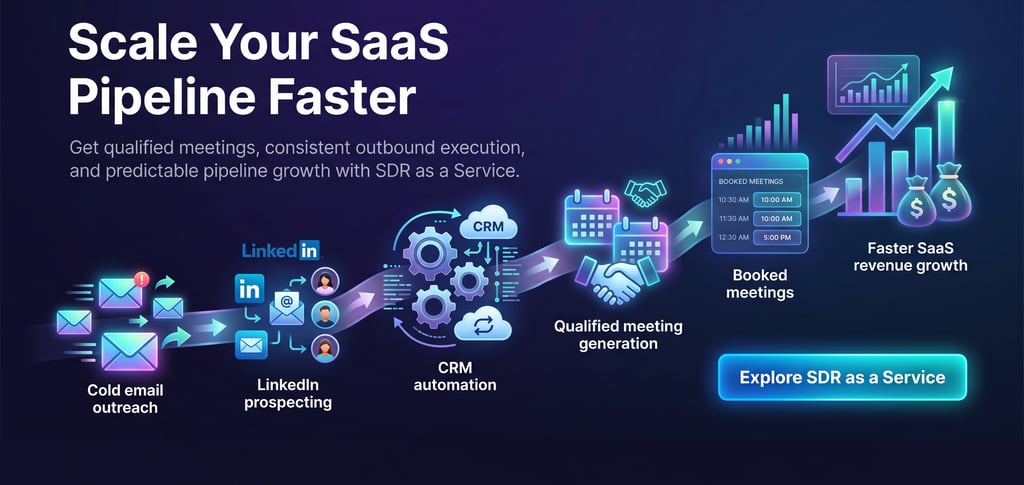 Diagram showing SaaS pipeline growth via SDR as a Service, including cold email, CRM automation, and booked meetings.
