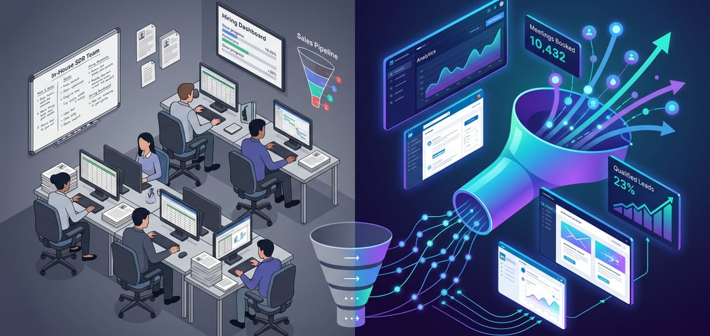 Isometric illustration comparing manual SDR team workflows with automated digital sales funnel data analytics.