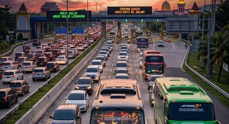 Arus balik Lebaran 2026 dengan bus pariwisata di jalan tol menuju Yogyakarta