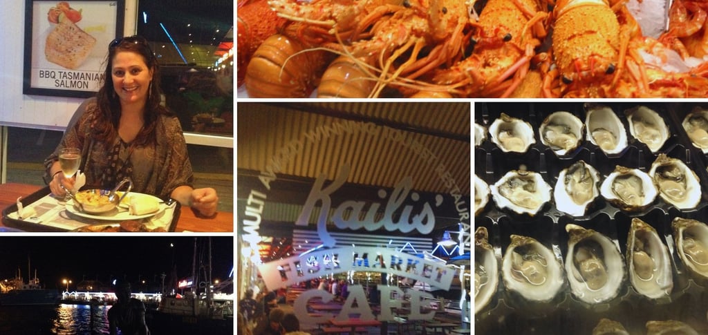 Frutos do mar e vinho branco no Kailis Fish Market em Fremantle Australia