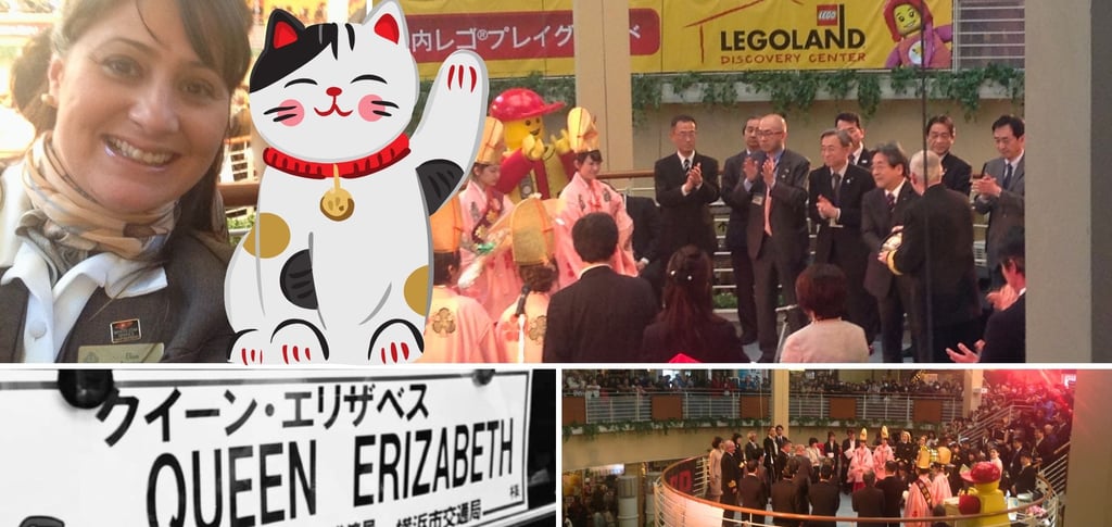 Recepção do navio em Osaka, com tripulação e público celebrando no porto