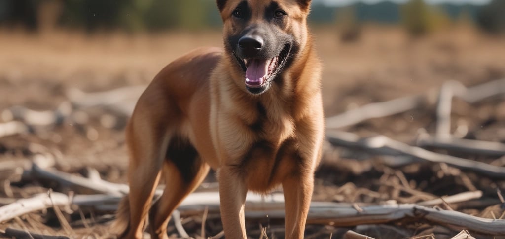 Dog holds a stick while a hand reaches out.