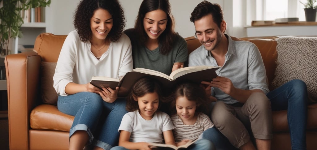A chapel with a large circular window framing an intricate tree against a clear blue sky. The altar is adorned with green foliage, white flowers, and multiple candles on either side. An open book, likely a Bible, and a wooden cross are placed on the altar. The phrase 'OUR FATHER IN HEAVEN' is inscribed on the stone wall below the altar.