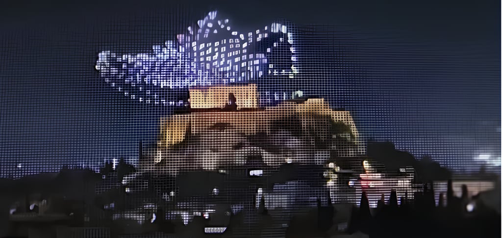 Drones formam a imagem de um tênis, à noite, sobre a Acrópole, em Atenas (crédito ZUMA Press).