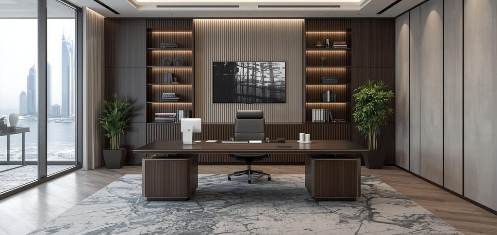 Modern luxury office desk Dubai with ergonomic chair and workspace