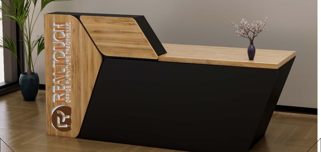 a desk with a wooden desk top and a vase with flowers