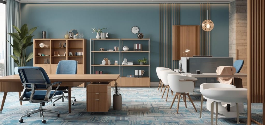 a modern office with a blue carpet and a wooden desk