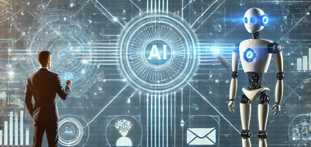 a man standing in front of a robot automatisation automation IA