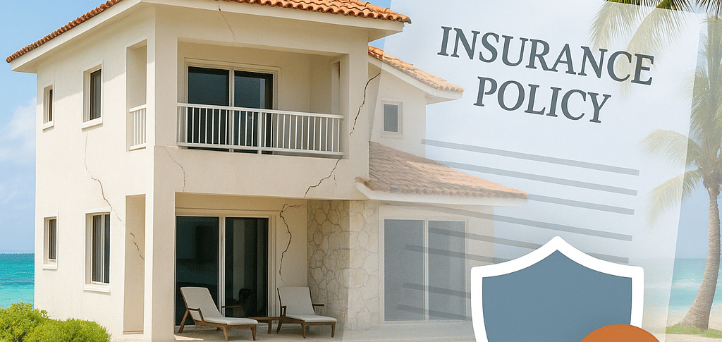 Beachfront villa in Punta Cana with visible wall cracks, overlaid with an “Insurance Policy” doc