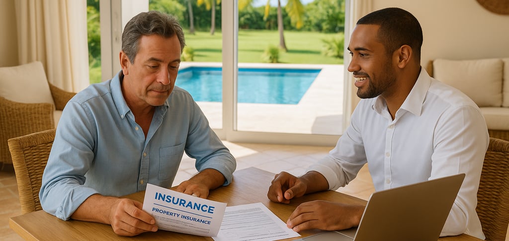 Real estate agent and client reviewing property insurance options in a tropical villa setting.