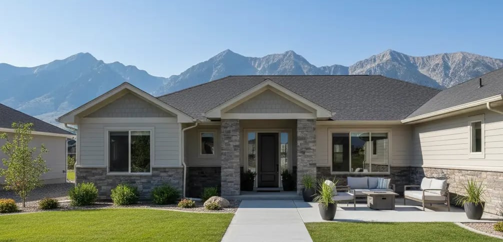 a beautiful modern home in Riverton, Utah with a concrete patio and walkway leading to the house