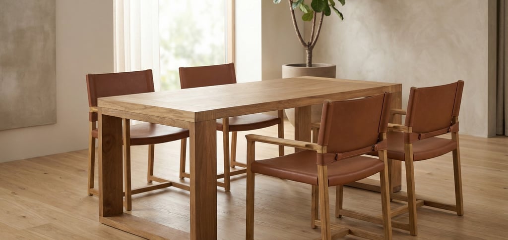 a dining room with a wooden table and chairs