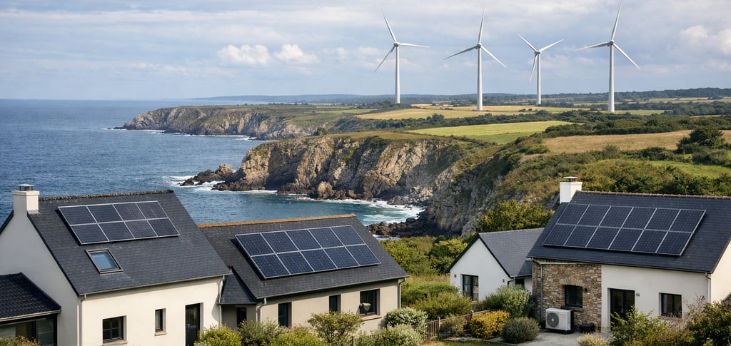 Paysage côtier breton maisons modernes équipée panneaux solaires falaises rocheuses campagne bzh