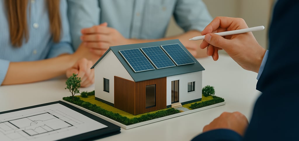 Un professionnel montre un modèle réduit d'une maison moderne avec des panneaux solaires sur le toit