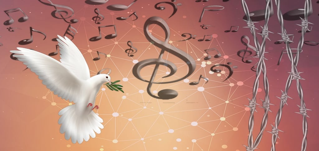 Eine Taube mit Musiknoten und Stacheldraht.