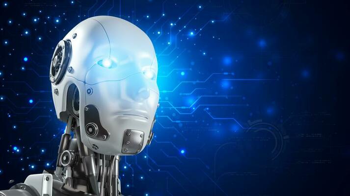 a robot with a glowing head and a glowing blue light