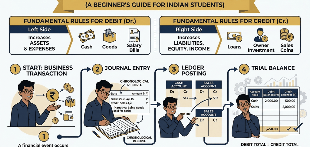 Infographic explaining debit and credit basics for Class 11 accounts students