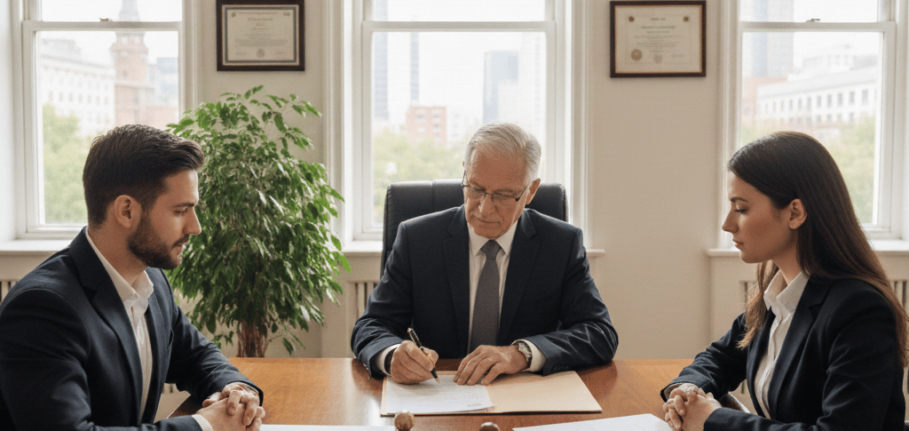 Notary public witnessing a will signing with two adult witnesses at a table