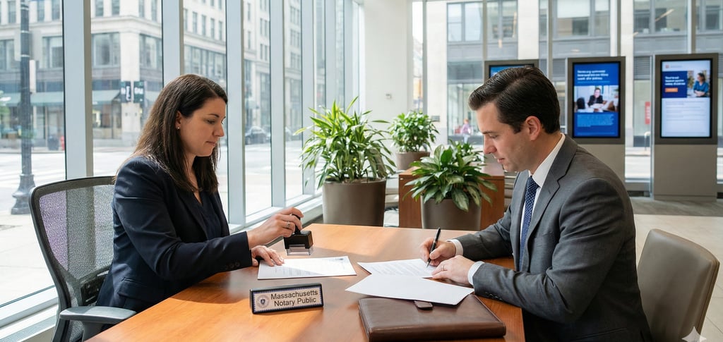 Bank notary public assisting a client with document notarization in Massachusetts