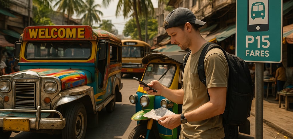 Traveler navigating a busy tropical city using local transport options like a jeepney and bus, highlighting budget-friendly t