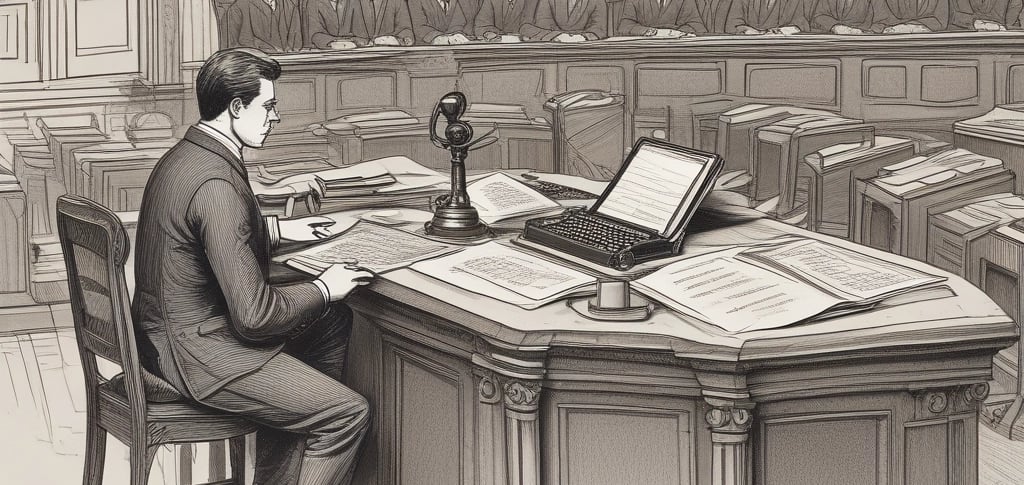 A determined woman sitting at a desk, typing on a laptop with a stack of legal documents beside her.