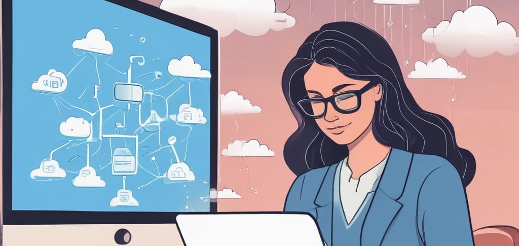 A focused consultant working on a Salesforce architecture blueprint, with cloud icons representing multiple Salesforce clouds hovering around.