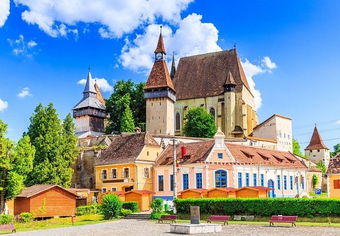 The medieval Biertan Fortified Church and Saxon village architecture in Transylvania, Romania.