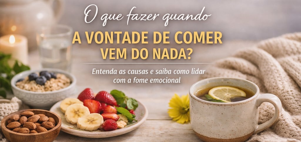 Mesa com alimentos saudáveis e chá representando fome emocional e alimentação consciente