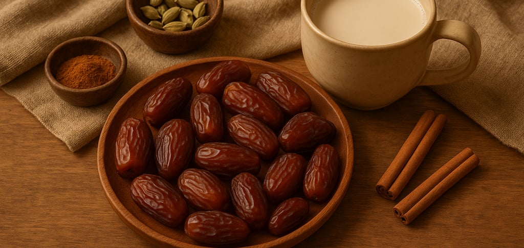 Dátiles en un plato de madera acompañados de especias ayurvédicas y leche vegetal, ideal para nutrición Vata.