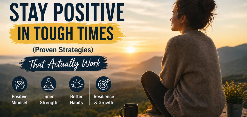 A woman looks at a sunset with tips on how to stay positive in tough times using a positive mindset.