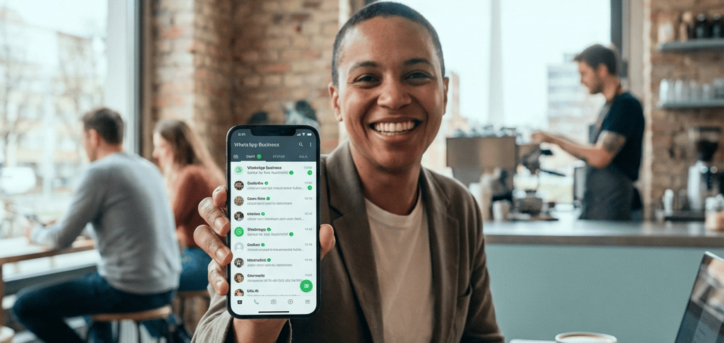 Une femme tenant un téléphone montrant Whatsapp Business bien configuré