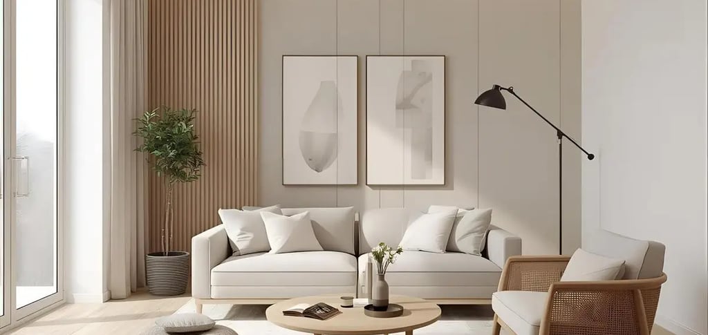 sala de estar com quadros, sofa claro painel ripado e planta