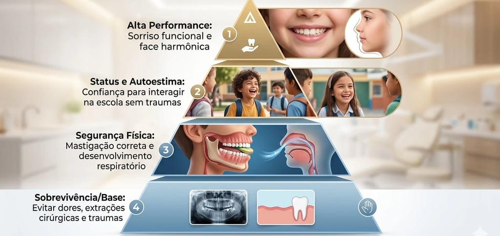 Infográfico sobre odontopediatria detalhando benefícios funcionais, estéticos e sociais da saúde bucal infantil.