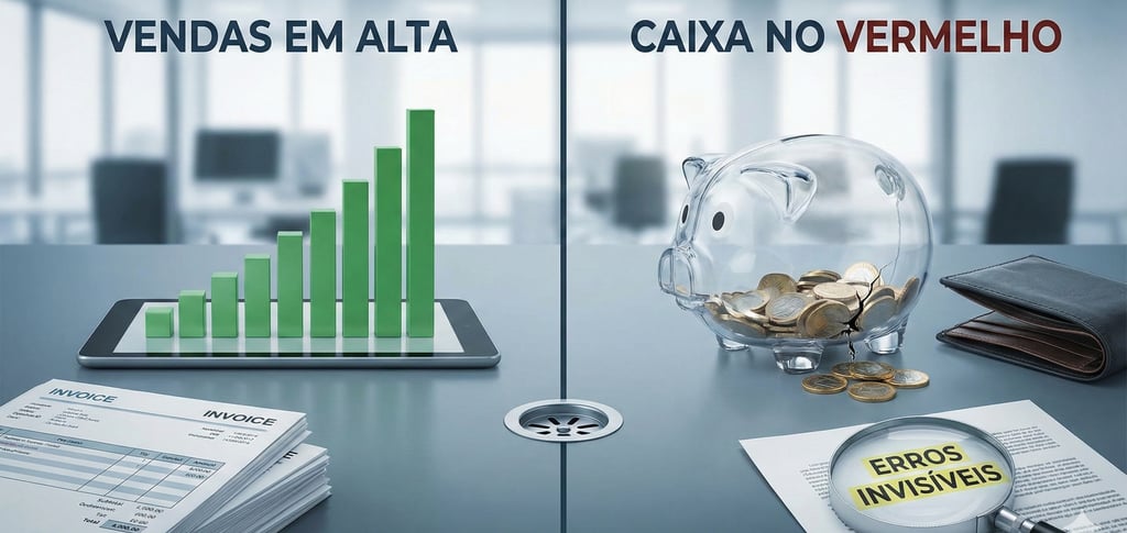 Ilustração conceitual dividida: à esquerda, um gráfico de vendas em alta; à direita, um cofrinho que