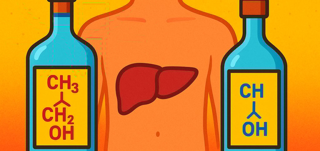 Dois frascos, um com metanol e outro com alcool. Corpo humano com fígado visual