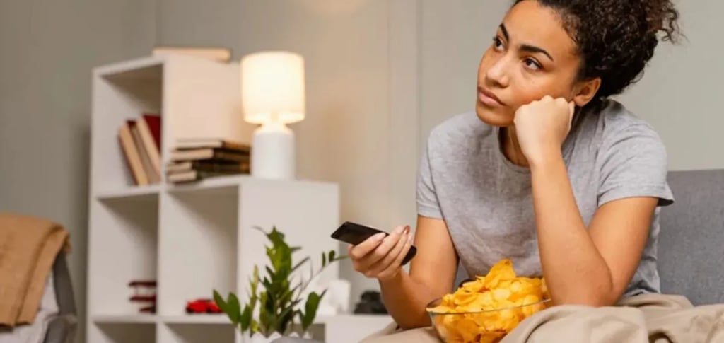 Mulher jovem sentada em um sofá, assistindo TV e comendo salgadinhos, com expressão desanimada