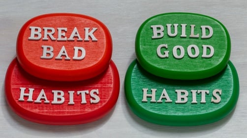 Red and green stones showing the phrases break bad habits and build good habits for self-improvement.