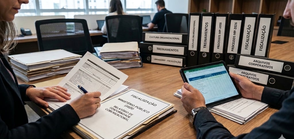 mesa com vários documentos fiscais uma mulher ficalizando com a ajuda de um homem