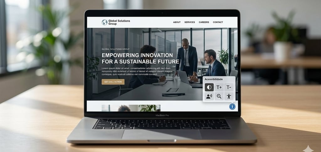 Notebook exibindo site corporativo com widget de acessibilidade digital ativo na tela.