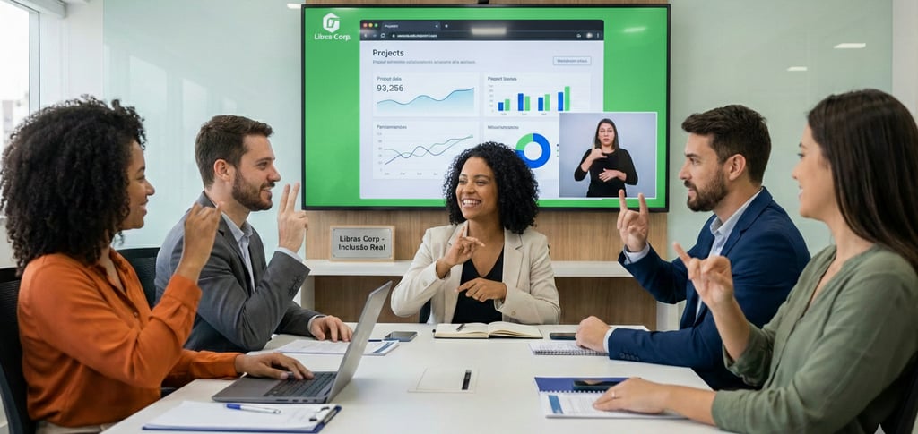 Gestores reunidoa 2 homens 3 mulheres aprendendo LIBRAS com aula online