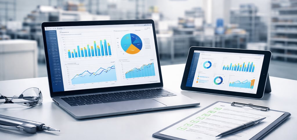 Mesa de gestão da qualidade com notebook, tablet e checklist em ambiente industrial moderno