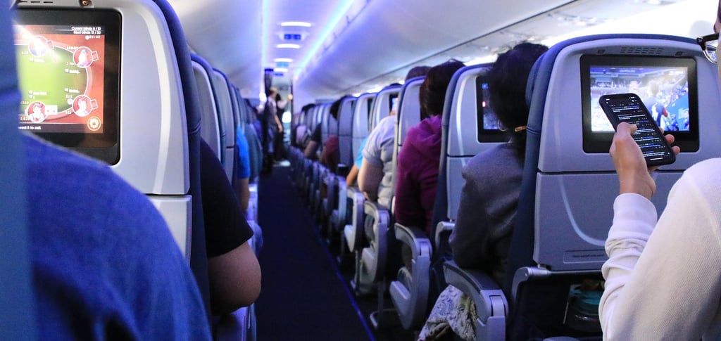 A photo of the aisle on a fully booked flight