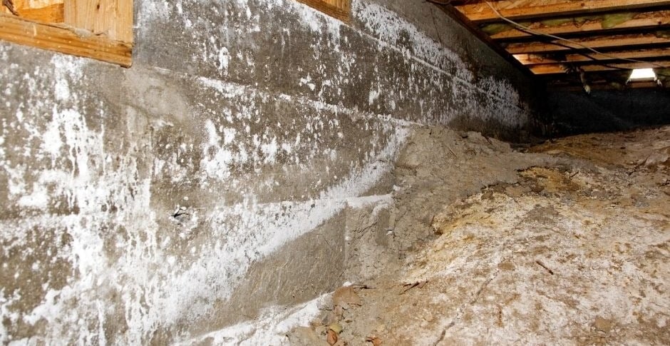 a crawl space floor with a cinder block wall with mold growth
