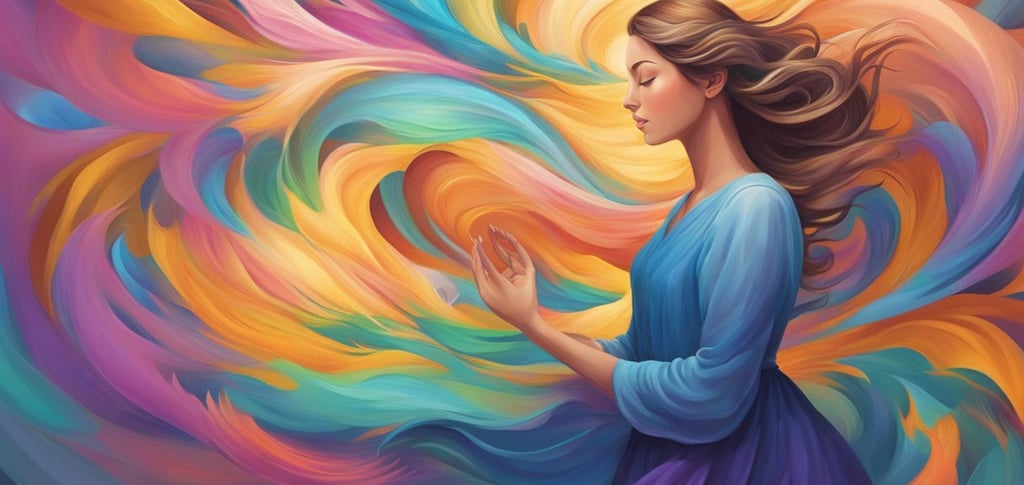 a woman with a colorful rainbow colored hair and a colorful swirly background