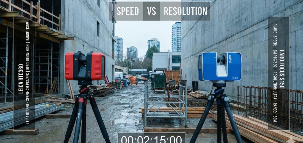 Side-by-side comparison of Leica and FARO 3D scanners on a Vancouver construction site, highlighting
